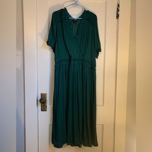 Anthropologie Emerald Green Stretch Satin Dress With Elastic Waist